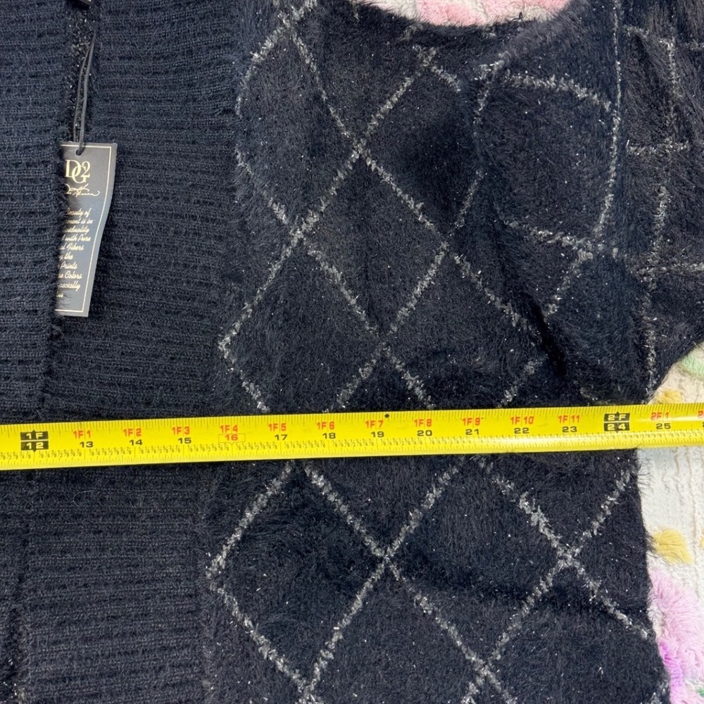 Diane Gilman DG2 Black Argyle Eyelash Knit Shimmer Cardigan Sweater XL NEW - Picture 3 of 8